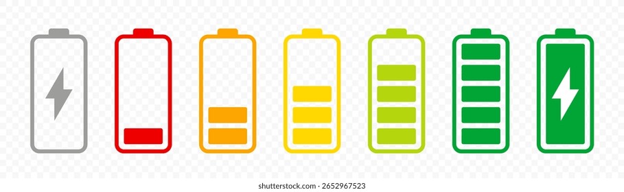 Battery level indicators. Colorful battery charge level icons. Battery power level pictograms in outline style. Vector