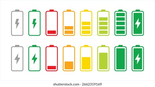 Batteriefüllstandsanzeiger. Farbige Symbole für den Akkuladestand. Piktogramme mit Batteriestromstärke im Umrissstil. Vektor einzeln auf weißem Hintergrund