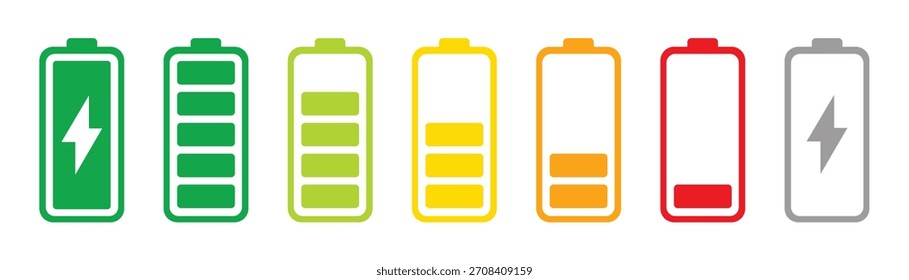 Indicadores de nível de bateria. Ícones coloridos no nível de carga da bateria. Pictogramas de nível de energia da bateria em estilo de estrutura de tópicos. Indicadores de nível de bateria. ilustração vetorial arquivo eps. 