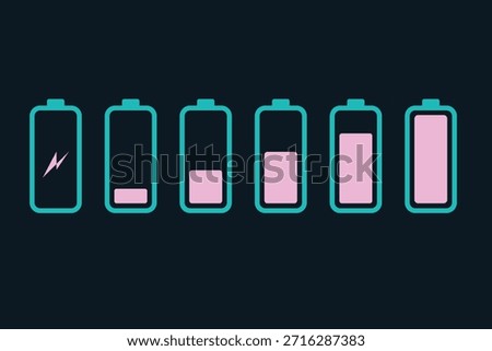 Battery level indicators. Colorful battery charge level icons. Battery power level pictograms in outline style.