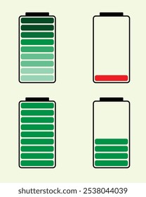 Battery level indicators Full, Empty, Low, and Medium. Charge level. Battery life. Full charge icon, Low battery icon, Battery icon vector