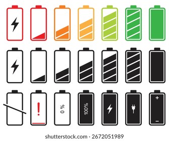 Indicadores de nivel de batería Iconos llenos, bajos, de carga y vacíos