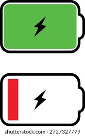 Indicadores de nível de bateria com símbolos de status verde de carga baixa total e vermelho