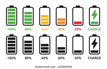 Conjunto de iconos de indicadores de nivel de batería. Colección de iconos de pilas o acumuladores de energía. Ilustración vectorial.