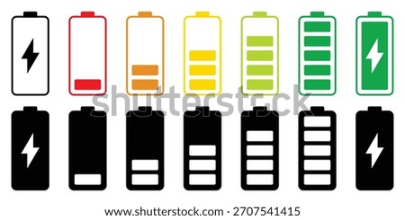 Battery level indicators icon set. Battery charge level indicators showing full to empty states. Power and Charging Status Symbols. Line and solid icon set. Vector illustration.