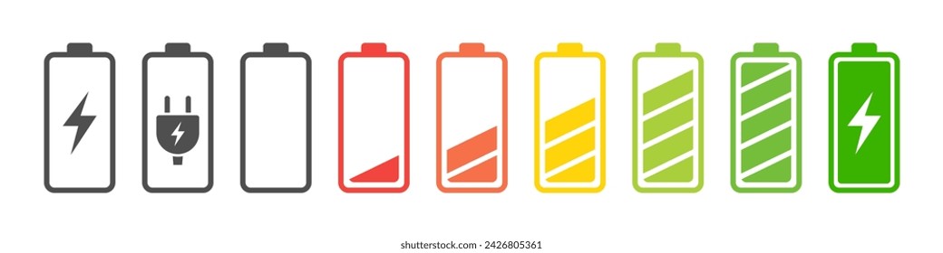 Battery level indicators. Battery indicator symbols. Vector illustration.