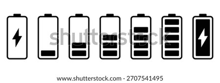 Battery level indicators line icon set. Power and Charging Status Symbols. Battery charge level indicators showing full to empty states. Vector illustration.