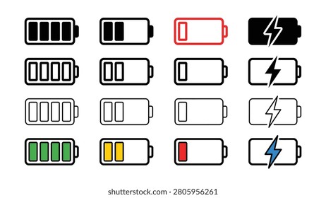 Battery level indicators with various charge levels and status symbols