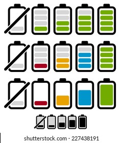 Battery level or life indicator set. Segmented and bar style versions. Monochrome version included.