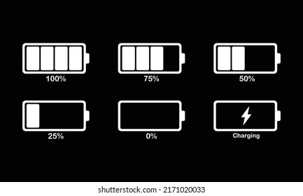 Battery Level Line Icon. Charged, Discharged, Full And Empty Battery. Phone Autonomy. 100, 75, 50, 25 And 0 Percent Load. Energy Concept. Vector Line Icon For Business And Advertising