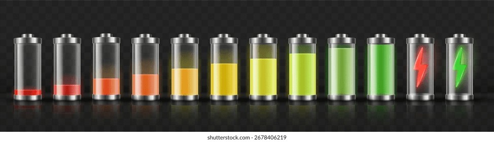 Battery level mockup set. Vector realistic storage stages of charge from empty to full with glowing lightning energy icons. Mobile technology, app interface and power design projects