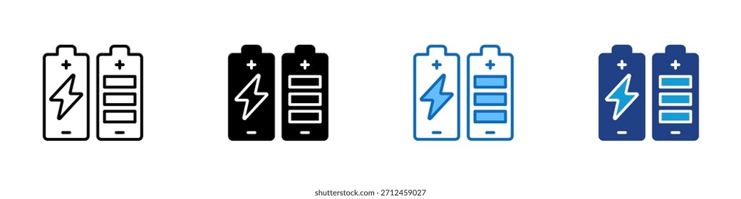 Battery Level Multiple Style Icon Design Vector - Two batteries side by side showing different charge levels representing energy status or charging process