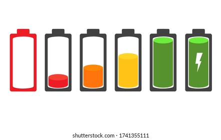 Battery level set. Charge process, indicator, low and full battery symbols. Flat vector illustrations for charging, loading, energy, power, smartphone UI concept