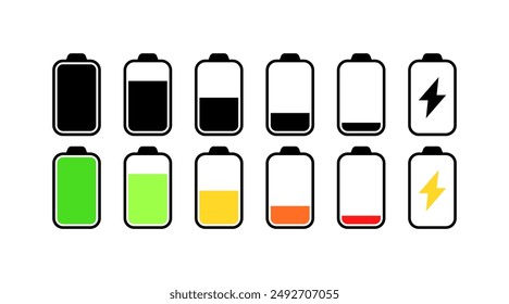 Battery Level Set Icons. Battery icons. Silhouette and flat styles. Vector icons.