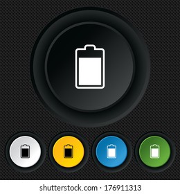 Battery level sign icon. Electricity symbol. Round colourful buttons on black texture. Vector