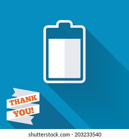 Battery level sign icon. Electricity symbol. White flat icon with long shadow. Paper ribbon label with Thank you text. Vector