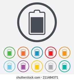 Battery level sign icon. Electricity symbol. Round circle buttons with frame. Vector
