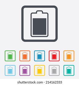 Battery level sign icon. Electricity symbol. Round squares buttons with frame. Vector