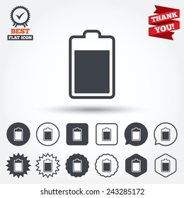 Battery level sign icon. Electricity symbol. Circle, star, speech bubble and square buttons. Award medal with check mark. Thank you ribbon. Vector