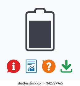 Battery level sign icon. Electricity symbol. Information think bubble, question mark, download and report.