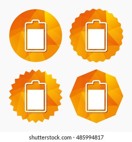 Battery level sign icon. Electricity symbol. Triangular low poly buttons with flat icon. Vector