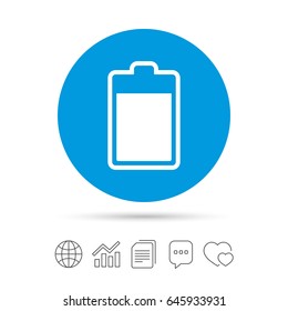 Battery level sign icon. Electricity symbol. Copy files, chat speech bubble and chart web icons. Vector