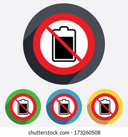 Battery level sign icon. No Electricity symbol. Red circle prohibition sign. Stop flat symbol. Vector