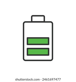 Batteriestand eingeklemmt, Liniendesign, grün. Akku, Füllstand, Kleben, Abbuchung, Leistung, Energie, Symbol auf weißem Hintergrund Vektorgrafik. Symbol für bearbeitbaren Strich auf Batterieebene fixiert.