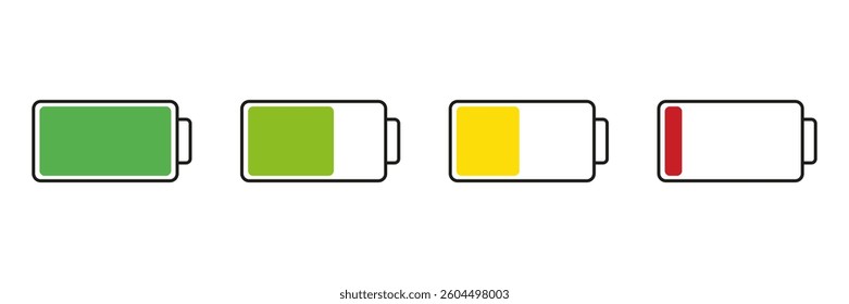 Battery Levels Charging Icon Set. Battery Power Indicator Symbol Collection. Isolated Vector Illustration.