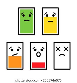 Battery Levels with Facial Expressions Vector Illustration. A vector illustration representing five battery icons with varying charge levels, each paired with a corresponding facial expression.