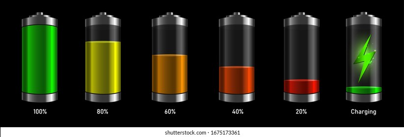 Niveles de batería establecidos. Acumuladores cargados y descargados con brillo colorido. Iconos para interfaces gadget, aplicaciones móviles