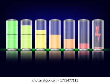 Battery levels set. Full charged and discharged battery with colorful glow. Icons for gadget interfaces or mobile apps.