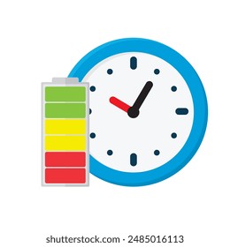 battery life concept illustration with clock, flat style vector illustration
