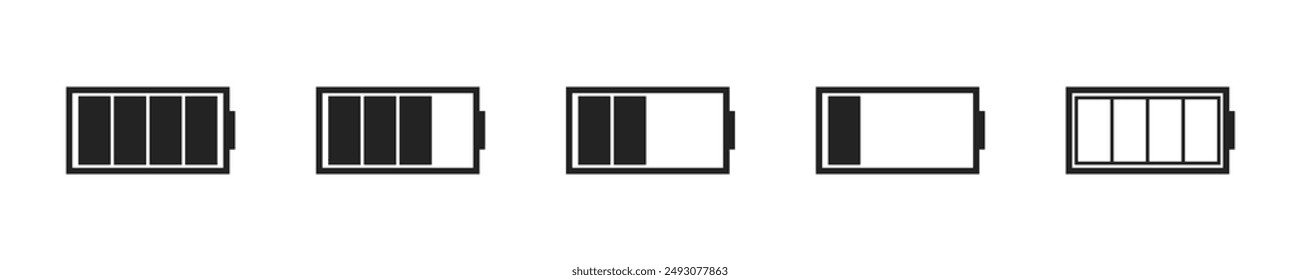 Battery life icon set. Set of 5 outline icons related to battery charge indicator, battery charge. Linear icon collection. Battery life outline icons collection. Editable stroke. Vector illustration.