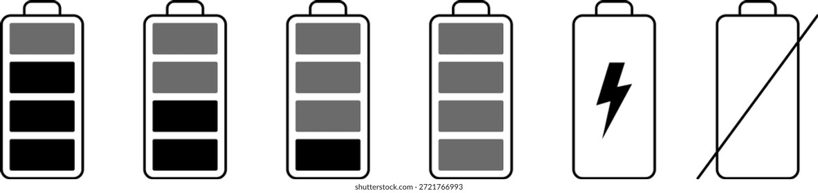 Battery life icon set, battery charge indicator. Battery charge level indicator Icon Set. Battery Charging And Power Level Symbol Collection. Isolated Vector Illustration