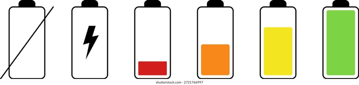 Conjunto de ícones de vida útil da bateria, indicador de carga da bateria. Conjunto de ícones do indicador de nível de carga da bateria. Carregamento Da Bateria E Coleção De Símbolos De Nível De Energia. Ilustração de vetor isolada