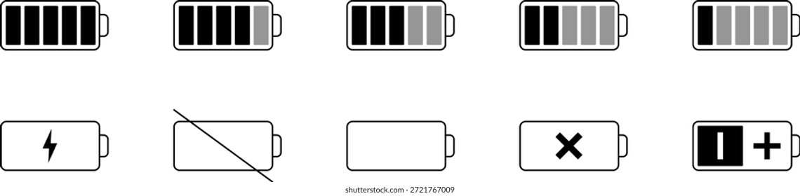 Conjunto de ícones de vida útil da bateria, indicador de carga da bateria. Conjunto de ícones do indicador de nível de carga da bateria. Carregamento Da Bateria E Coleção De Símbolos De Nível De Energia. Ilustração de vetor isolada