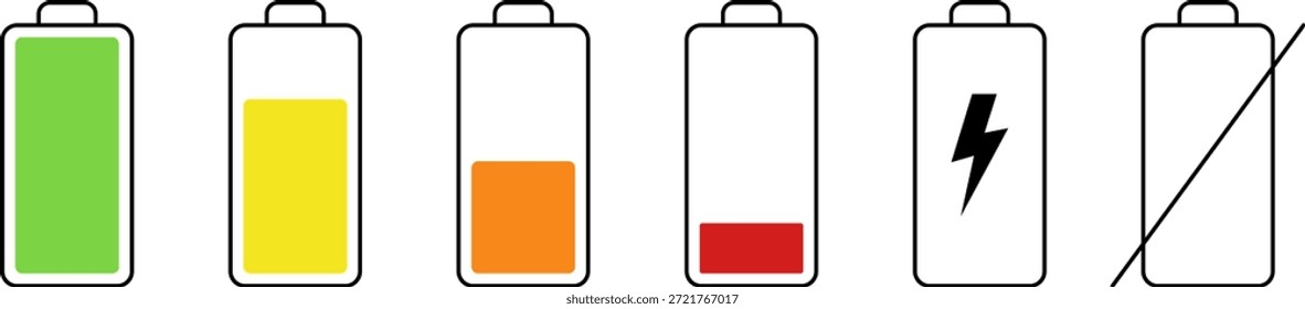 Conjunto de ícones de vida útil da bateria, indicador de carga da bateria. Conjunto de ícones do indicador de nível de carga da bateria. Carregamento Da Bateria E Coleção De Símbolos De Nível De Energia. Ilustração de vetor isolada