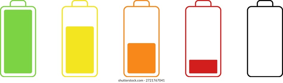 Conjunto de ícones de vida útil da bateria, indicador de carga da bateria. Conjunto de ícones do indicador de nível de carga da bateria. Carregamento Da Bateria E Coleção De Símbolos De Nível De Energia. Ilustração de vetor isolada