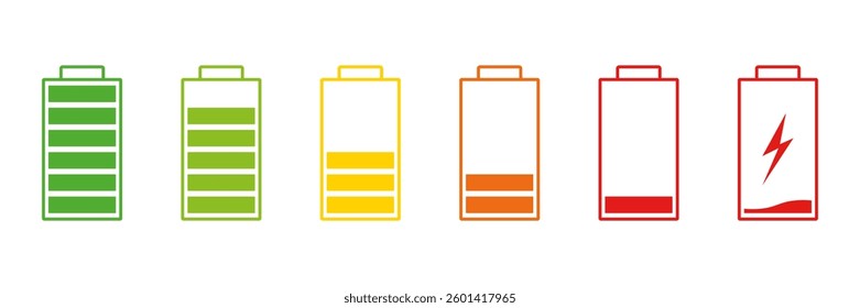 Battery Life Indicator Icon Set. Battery Charging And Power Level Symbol Collection. Isolated Vector Illustration.