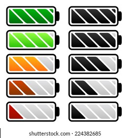 Duración de la batería, indicadores de nivel de batería. Vectores de batería.