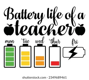 Battery life of a teacher mon tue wed thur fri SVG Design, Teacher SVG Bundle, Teacher Quotes svg, Teacher Sayings svg, pencil T shirt svg