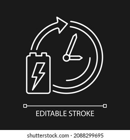 Battery lifetime white linear icon for dark theme. Accumulator lifespan and durability. Thin line customizable illustration. Isolated vector contour symbol for night mode. Editable stroke