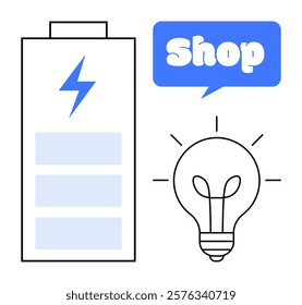 Battery with a lightning bolt, light bulb representing ideas and creativity, blue speech bubble with the word Shop. Ideal for energy, technology, retail, innovation, creativity, e-commerce themes