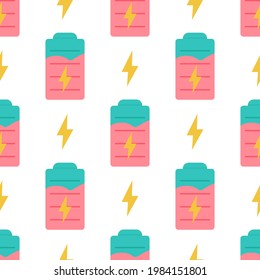 Battery with the lightning symbol of energy seamless pattern.