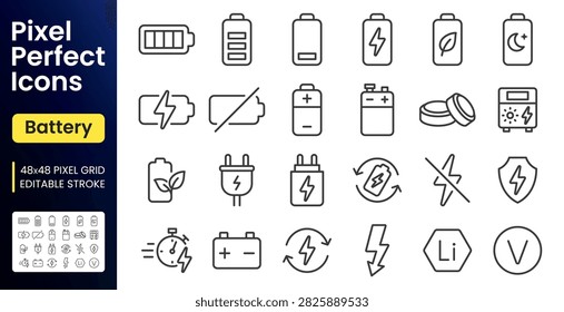 Battery line icon set. Charging, power level, fast charge, car accumulator, solar energy voltage symbol linear minimal vector illustration. Simple outline signs. 48x48 Pixel Perfect. Editable Stroke