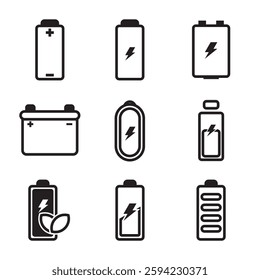 Battery line icon set vector design. Charging battery, smartphone charger, mobile phone charging battery level line icon vector design illustration. 