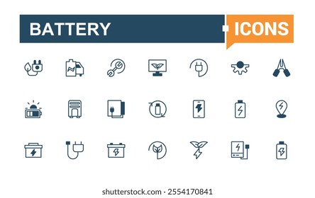 Battery line icons set. Featuring charger, volt, level, status, energy and more. Simple icon designs. Editable vector outline and solid icons.