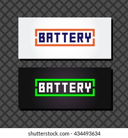 Battery  logo set  1. Concept logo in the form of batteries Battery words in a frame on a white background. Two business cards with battery logo.