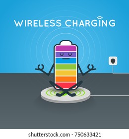 The battery in the Lotus position on the wireless charger cartoon vector illustration. The cell level of charge in the seven colors of the chakras